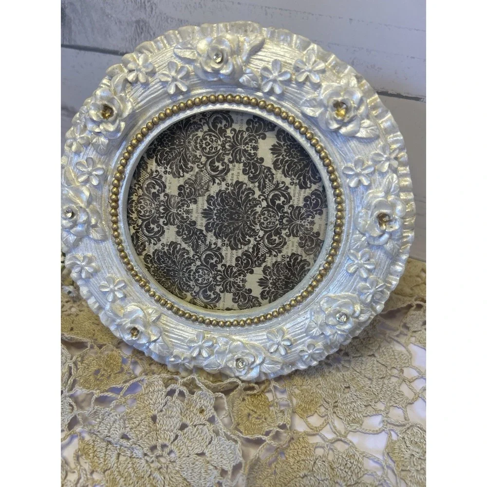 Vtg Style White Floral Round Picture Frame Cottage Decor Rhinestone Gold Accents
